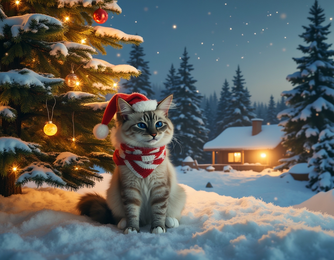 Cat sits beside a glowing Christmas tree, wearing a festive scarf and Santa hat. Snow falls gently, with a cozy cabin and snow-covered trees in the background.